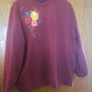 Basic Editions Embroidered Floral Sweatshirt – Women’s XL – Burgundy